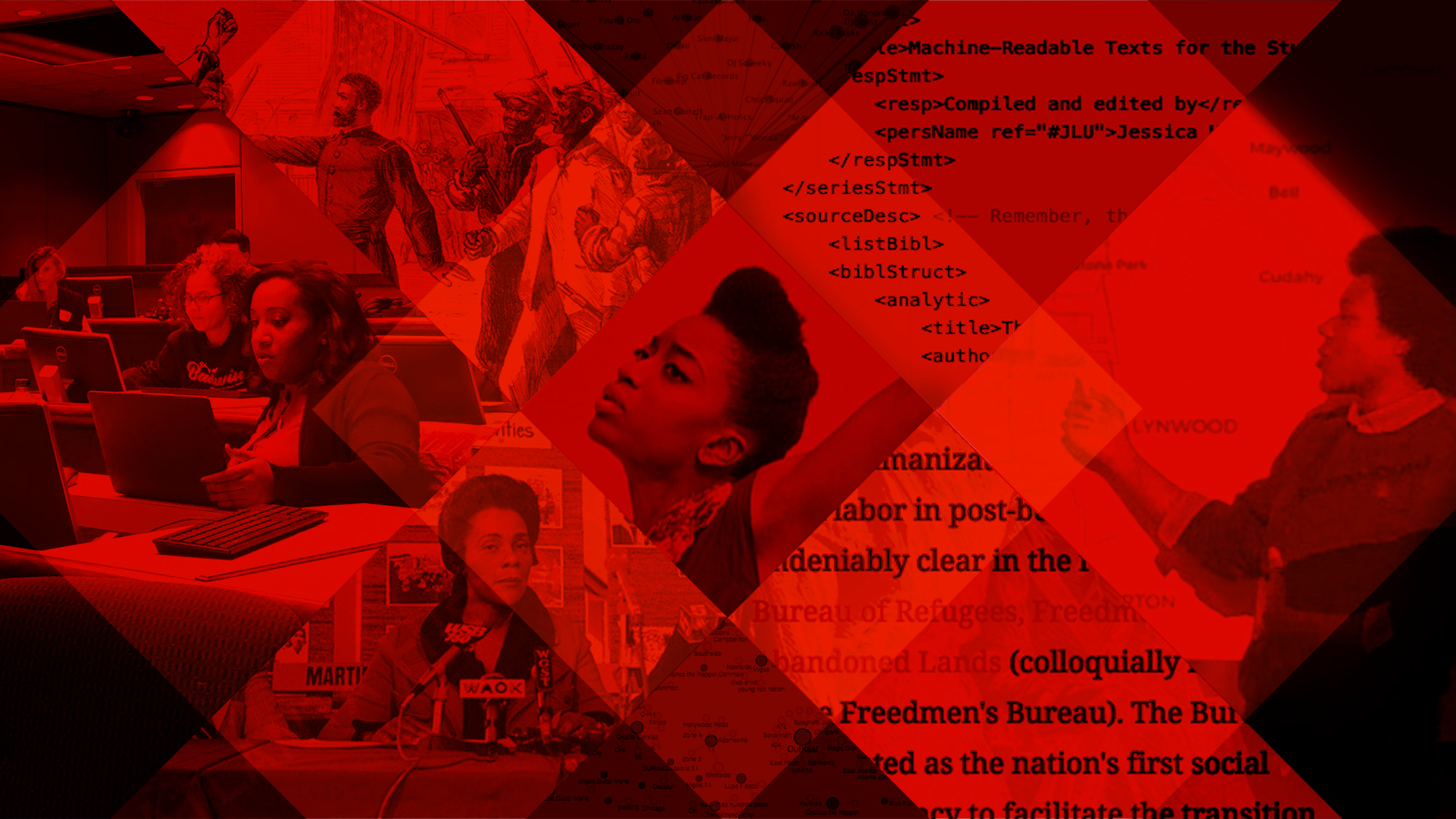 Geometric collage in red and black featuring images of important people in African American history and culture