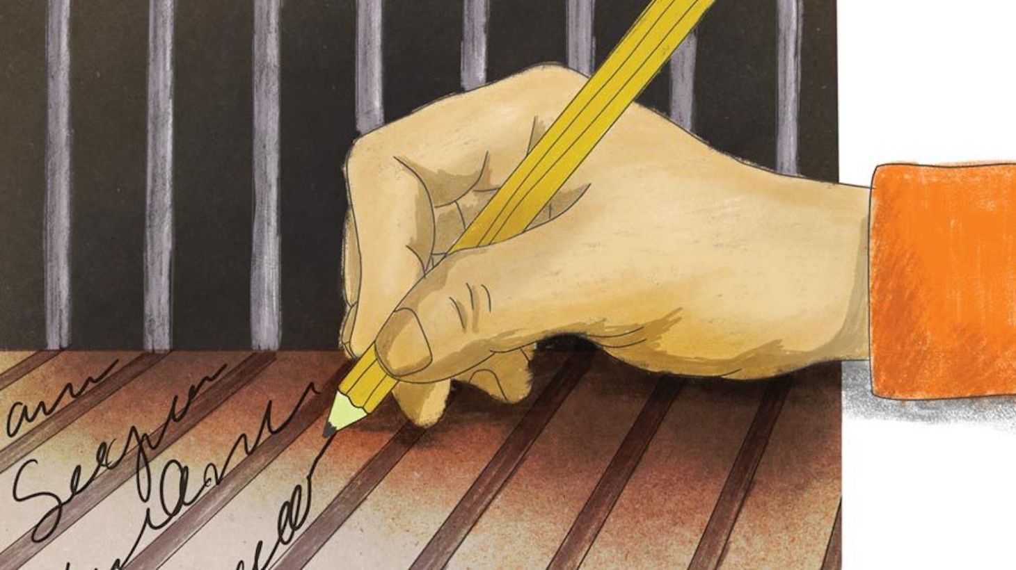 A drawing of a hand holding a pencil and writing in cursive.
