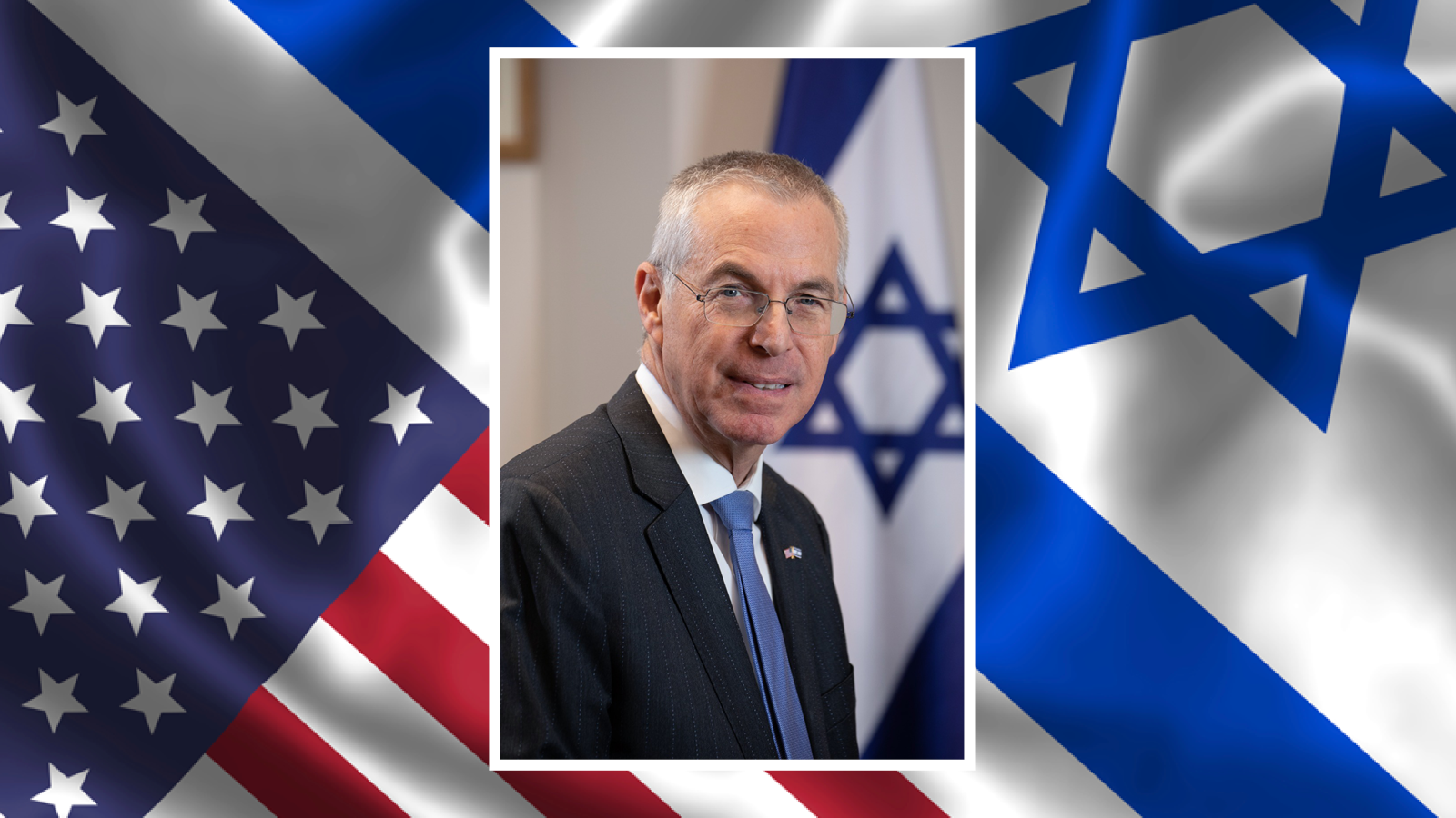 Ambassador Michael Herzog's headshot overtop the US and Israel flag.
