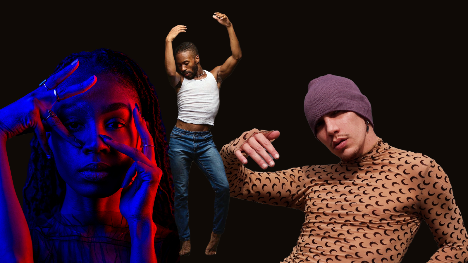 Three dancers pose against black background.