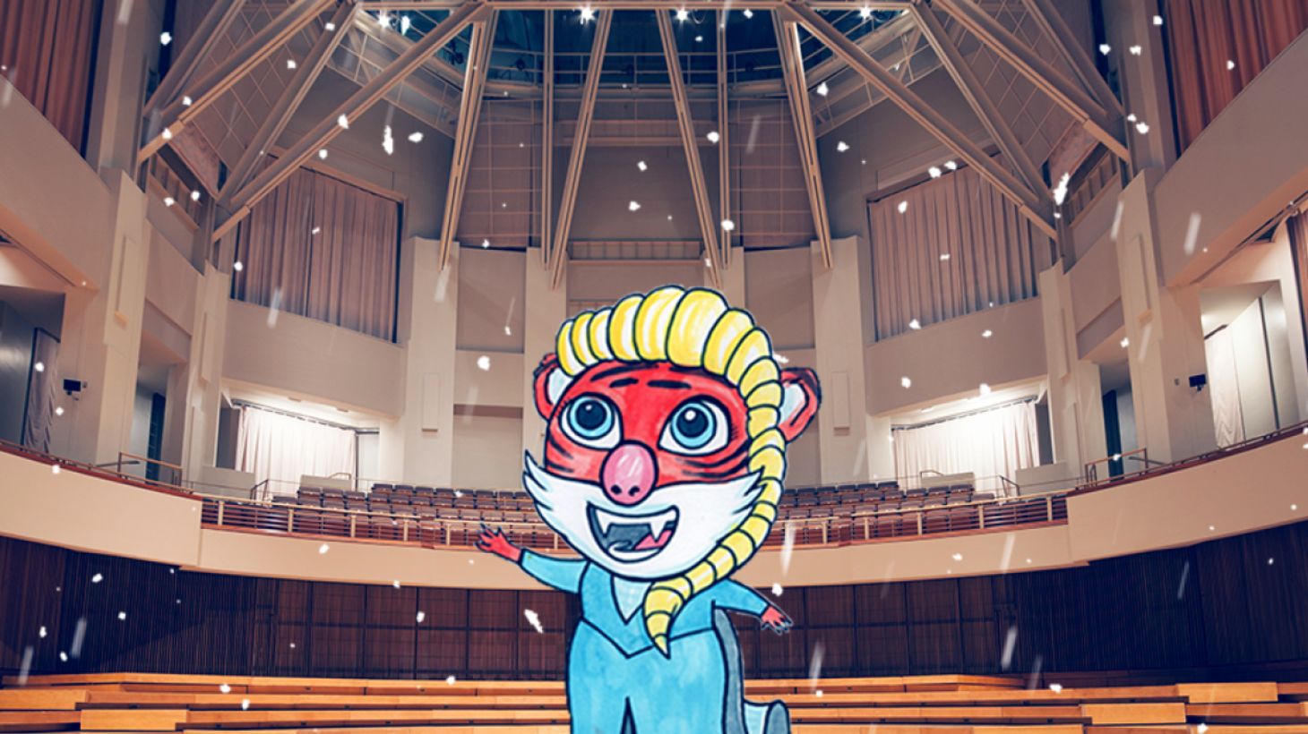 A cartoon tiger dressed and Disney's Elsa character from Frozen in a concert hall.