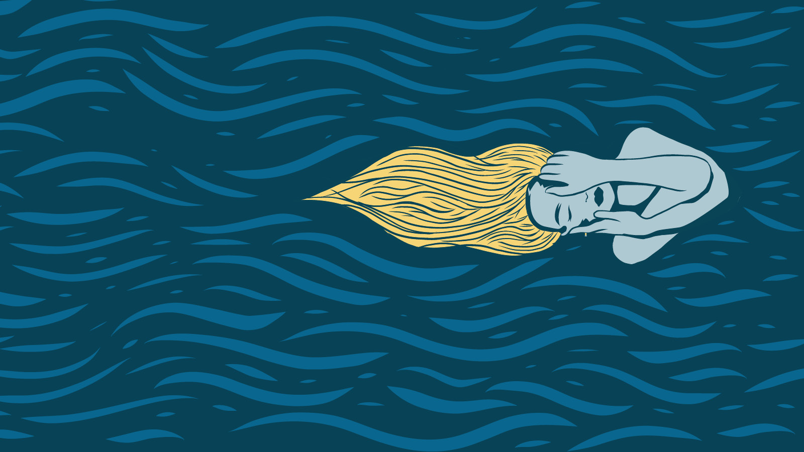 A digital cartoon drawing of a woman floating in water.