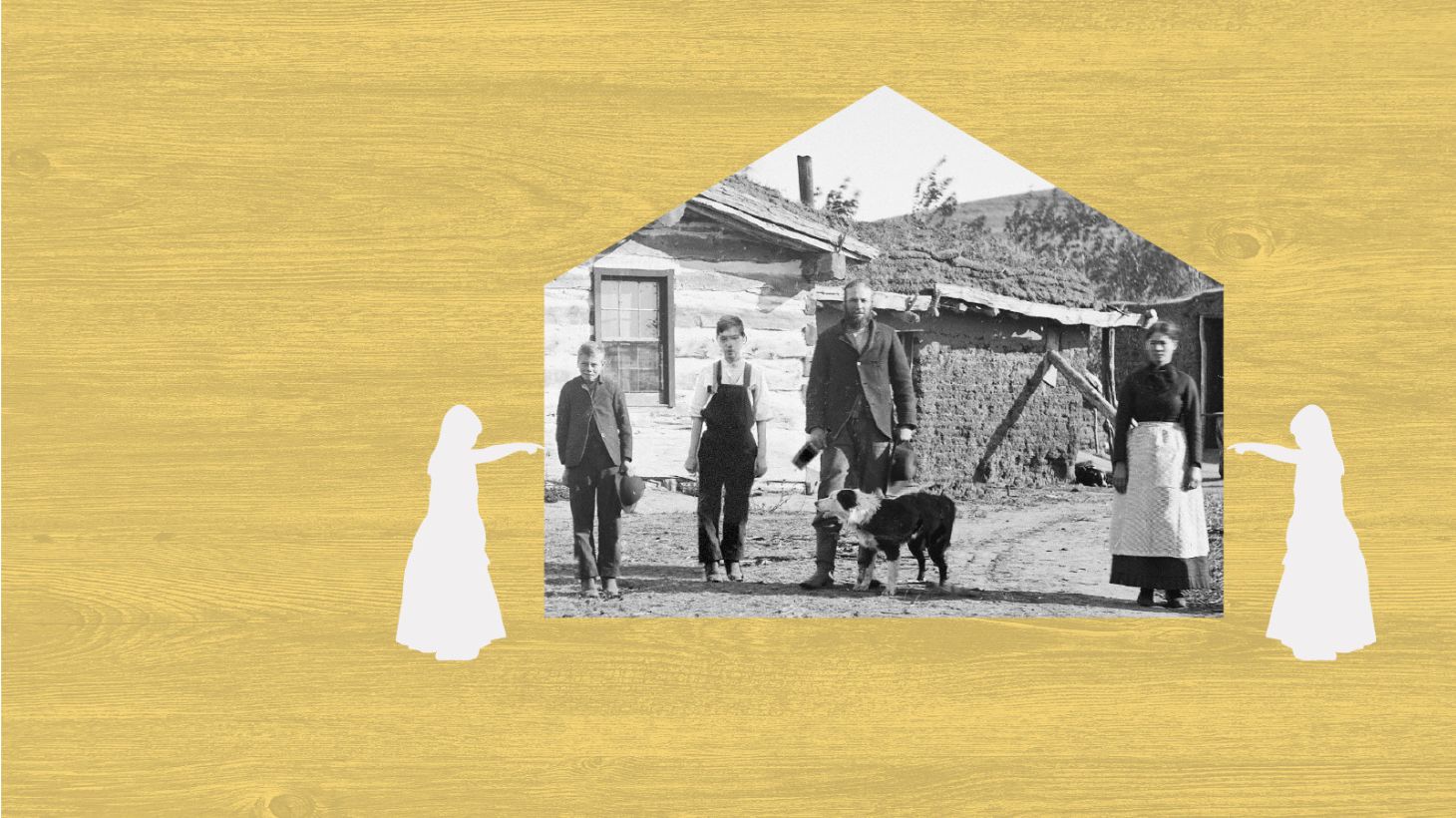 An old fashioned picture of 1800s homesteaders.