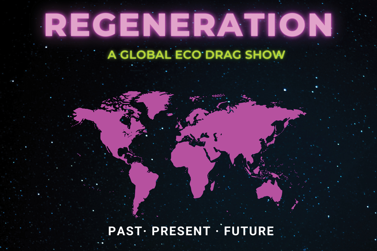 A global map-view of the world in pink with the show title.
