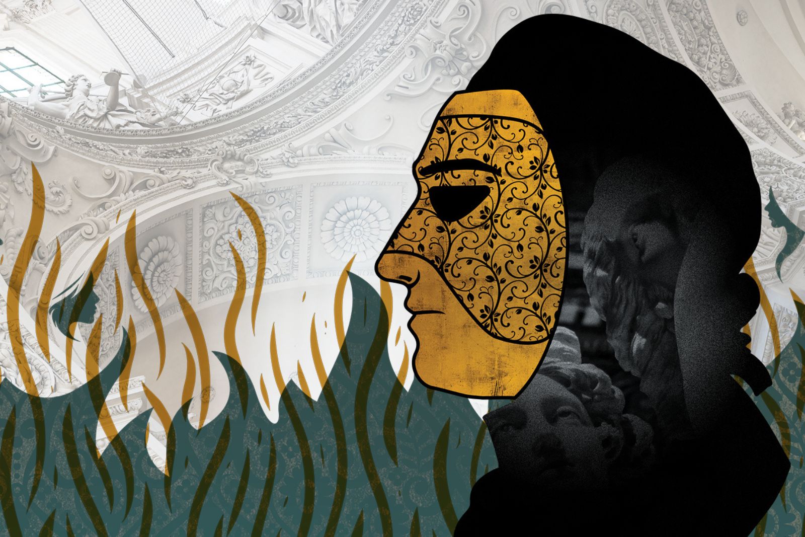 Digital artwork of a man wearing a mask and hood surrounded by flames.