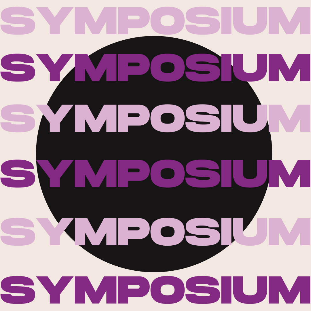 A graphic with a cream background and a black circle in the center. The word Symposium is repeated across the graphic is different shades of purple.