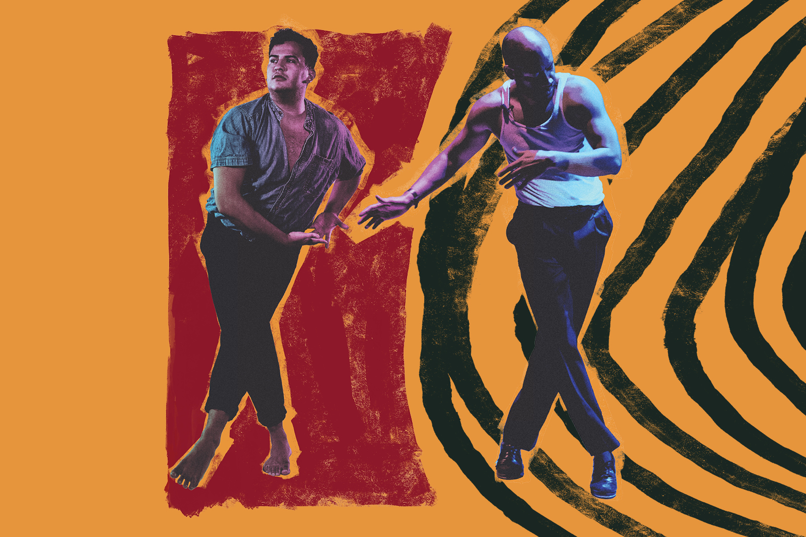 Two dancers overlayed against a muted orange background.