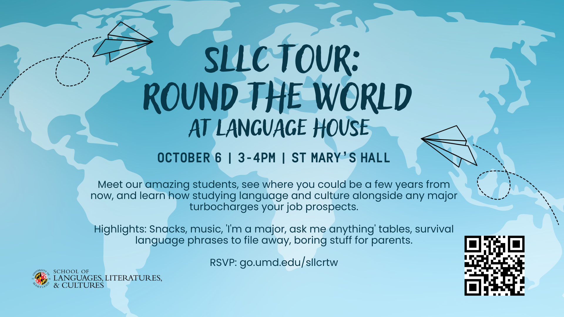 sllc tour round the world event world map with blue background