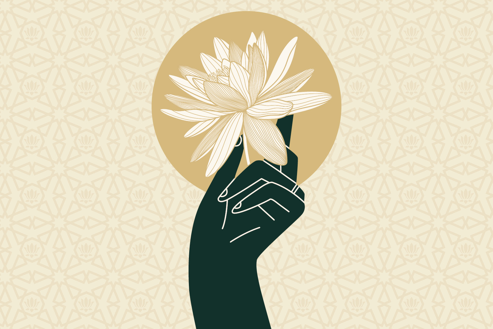 Digital artwork of a hand holding up a blooming white flower.