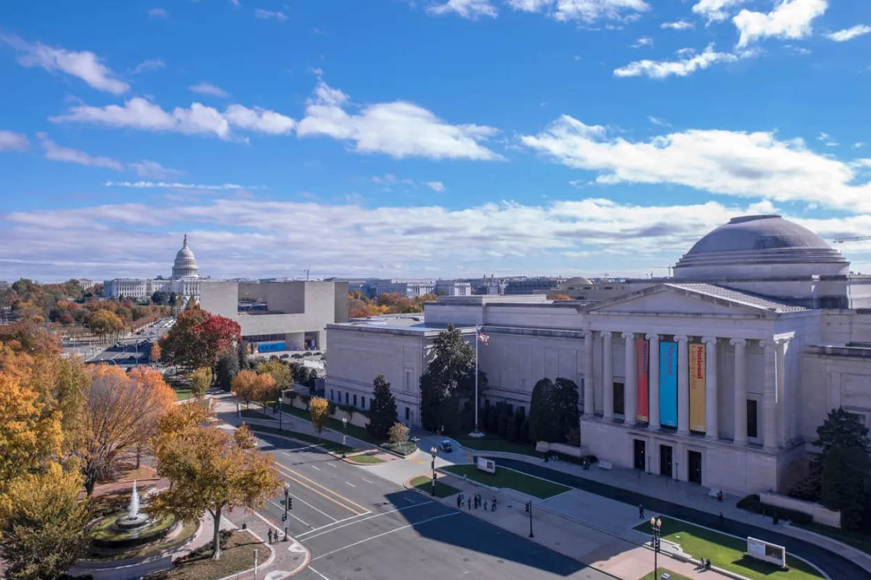 Outside view of the National Gallery of Art and the Capital in Washington DC.