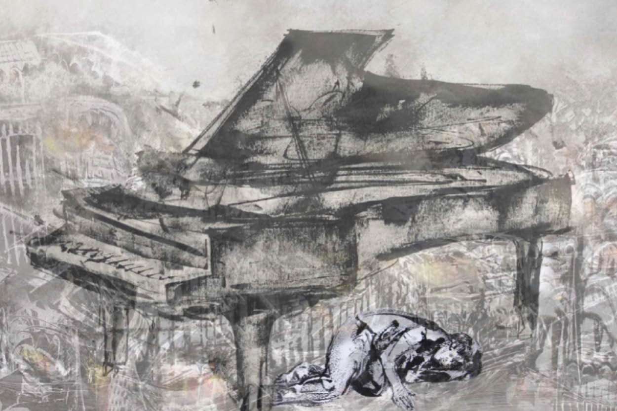 A painting of a grand piano and a person curled up on the floor beneath of it.