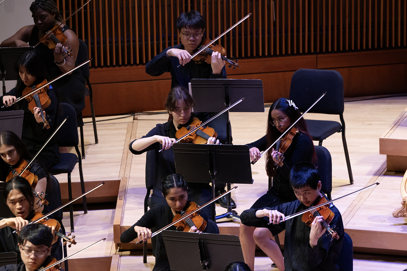 Members of the University Orchestra perform on stage.