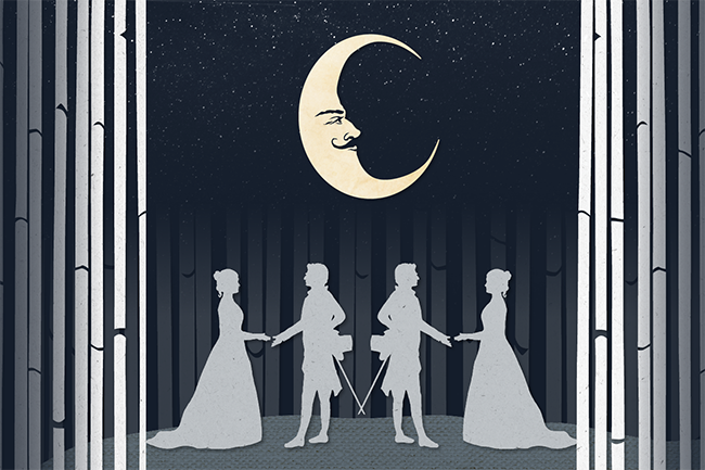 A designed image depicting two pairs of people. There are two men, with their backs to each other, facing two women. On either side of the couples is white bamboo, and a man in the moon with a mustache hangs in the night sky.