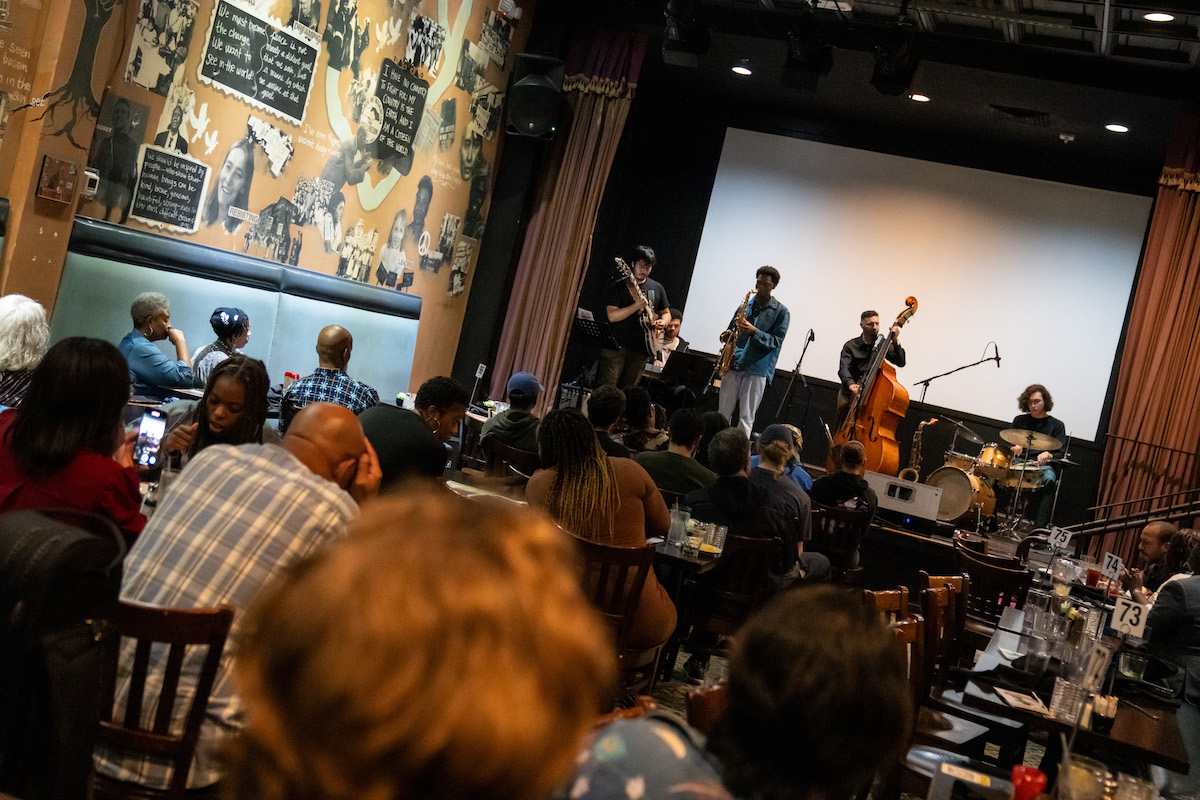 Jazz musicians perform at Busboys and Poets.