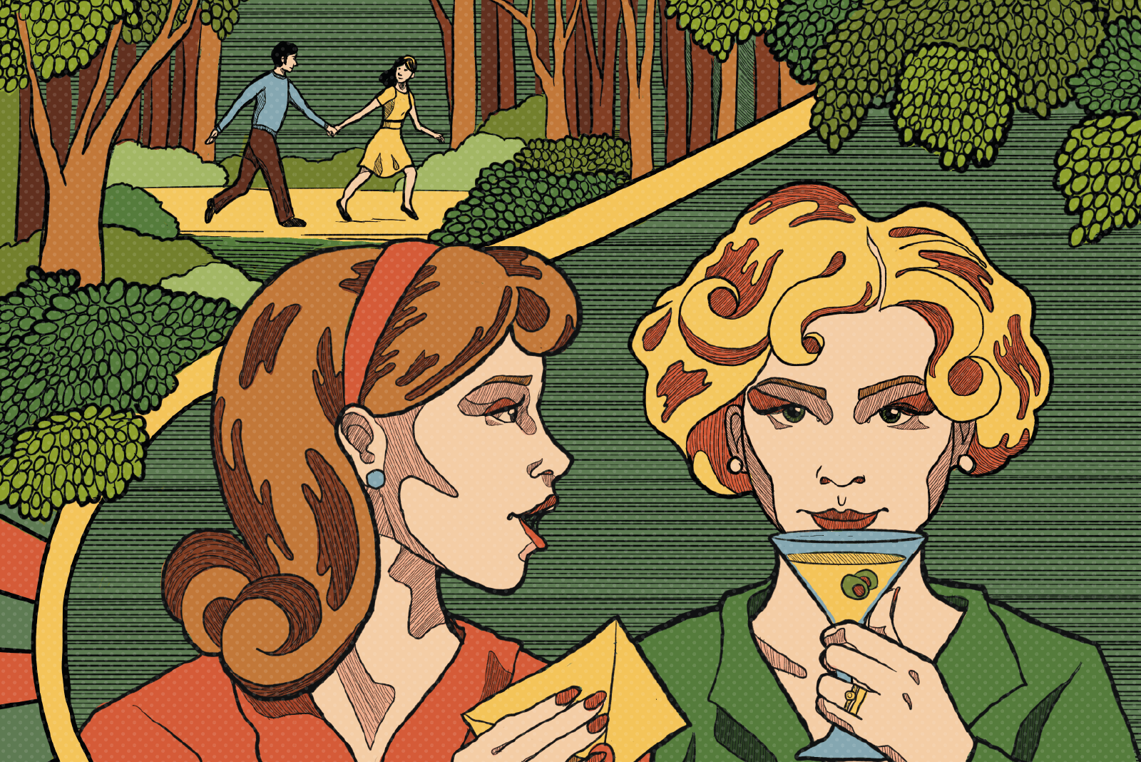 Artwork of two women in a forest whispering to each other.