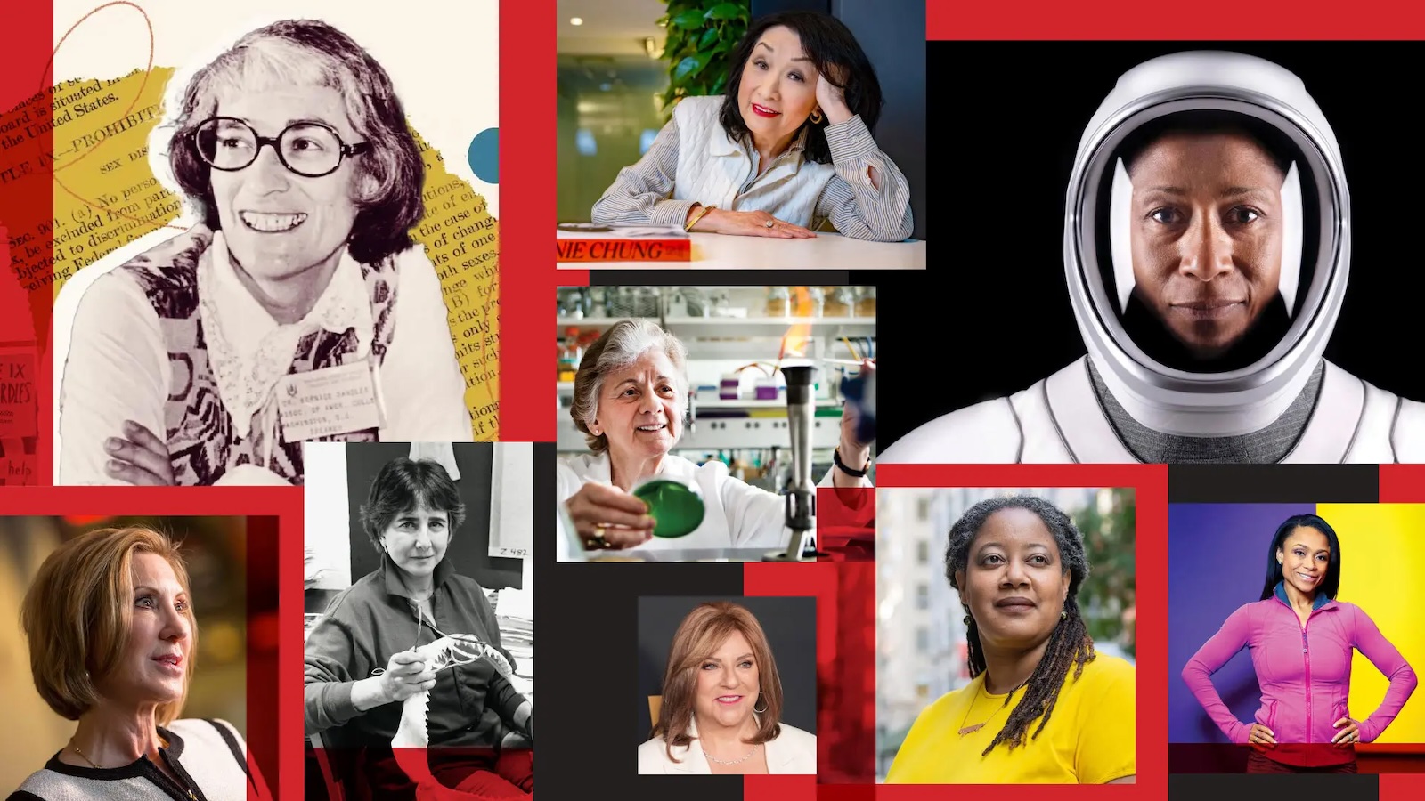 University of Maryand women have made dramatic contributions in the worlds of sports, science, media, space exploration, policy and beyond. Collage by Valerie Morgan