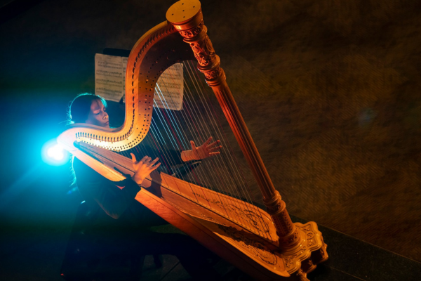 A woman plays the harp.