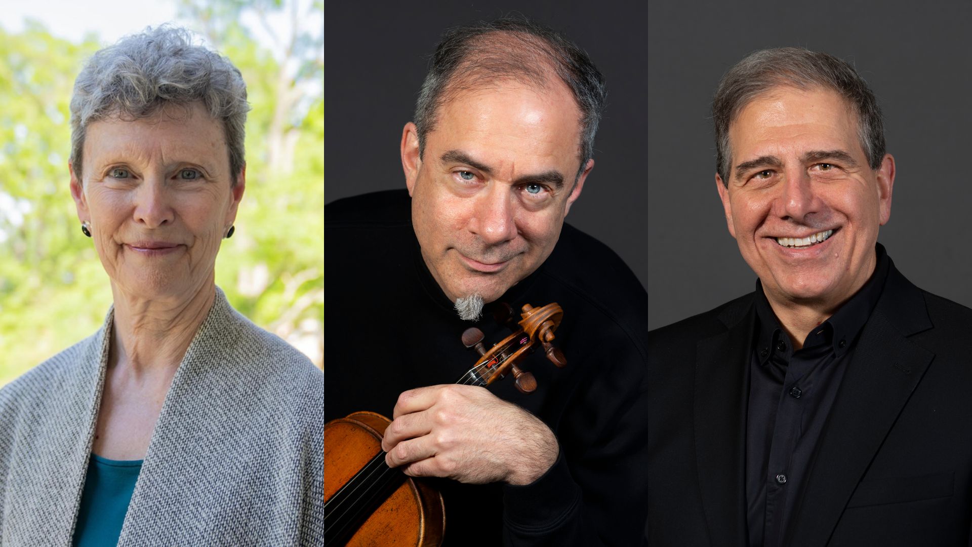 Professor of History Robyn Muncy, Professor of Violin James Stern and Professor of Conducting and Ensembles Michael Votta, Jr.