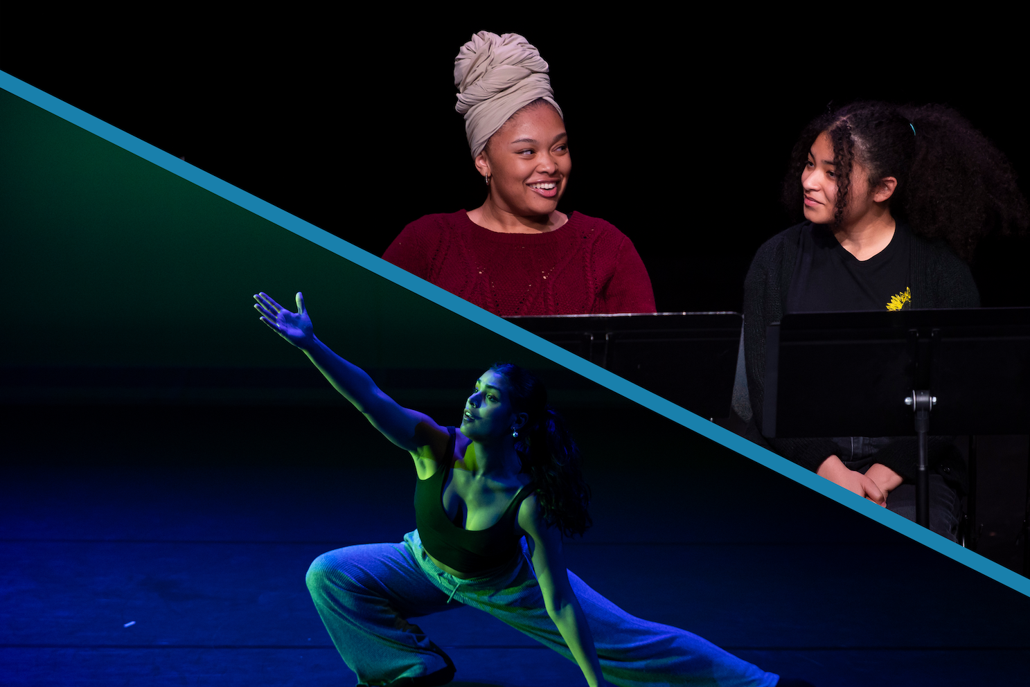 A split image depicting actors reading from music stands in the top corner, and a dancer with an outstretched arm in the bottom corner. 