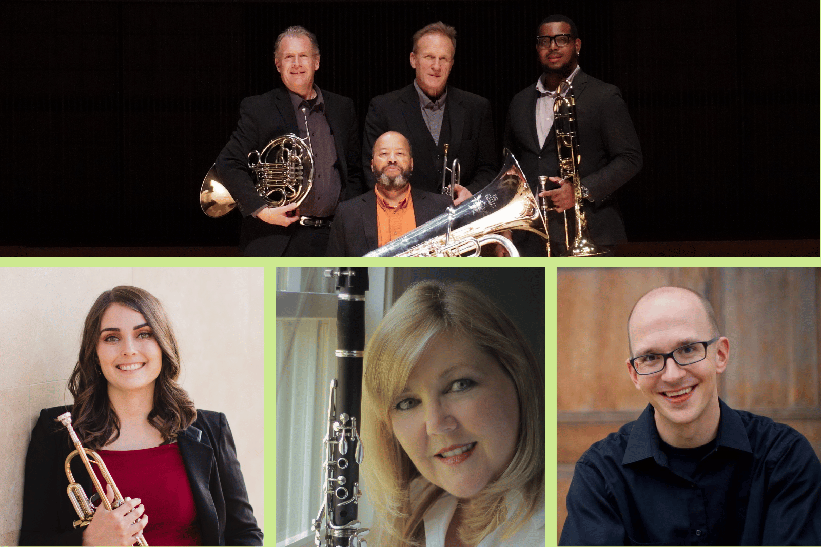 an image with three headshots for the guest artists Greg Small, Tatiana Giesler and Suzanne Gekker. Above the headshots is a group shot of the Maryland faculty performing, including Myles Blakemore, Gregory Miller, Willie Clark, and Chris Gekker. 
