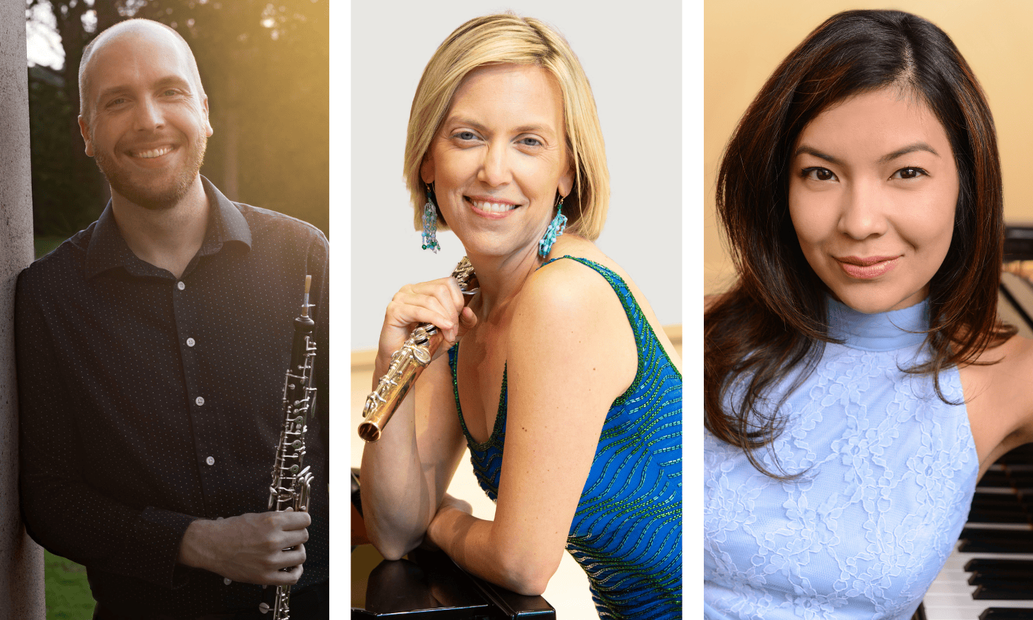 Andreas Oeste, Naomi Seidman, and Melody Quah. The image is a collage with different headshots. Each musician is holding or near their respective instruments.