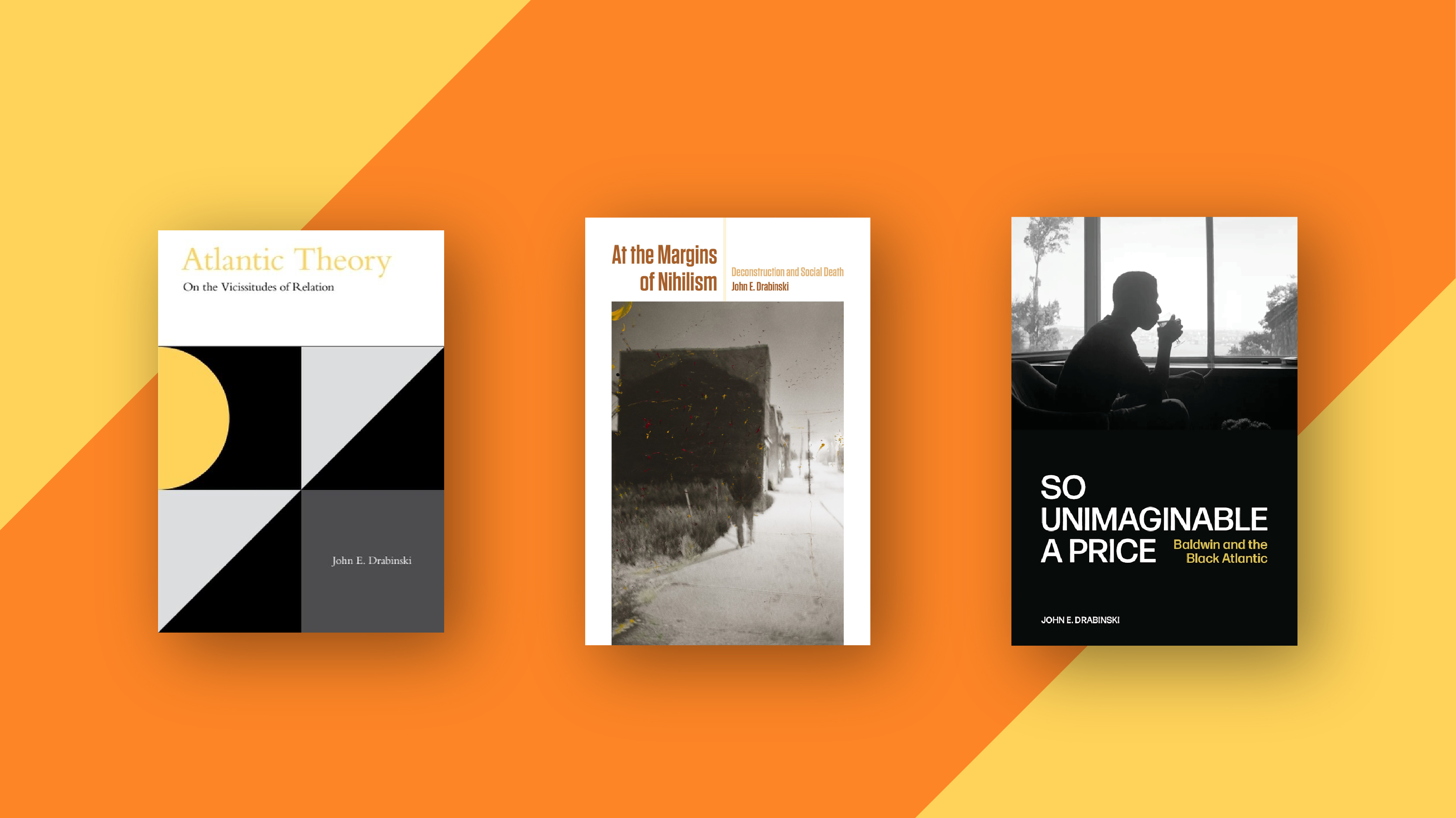 Three book covers against a yellow and orange background.