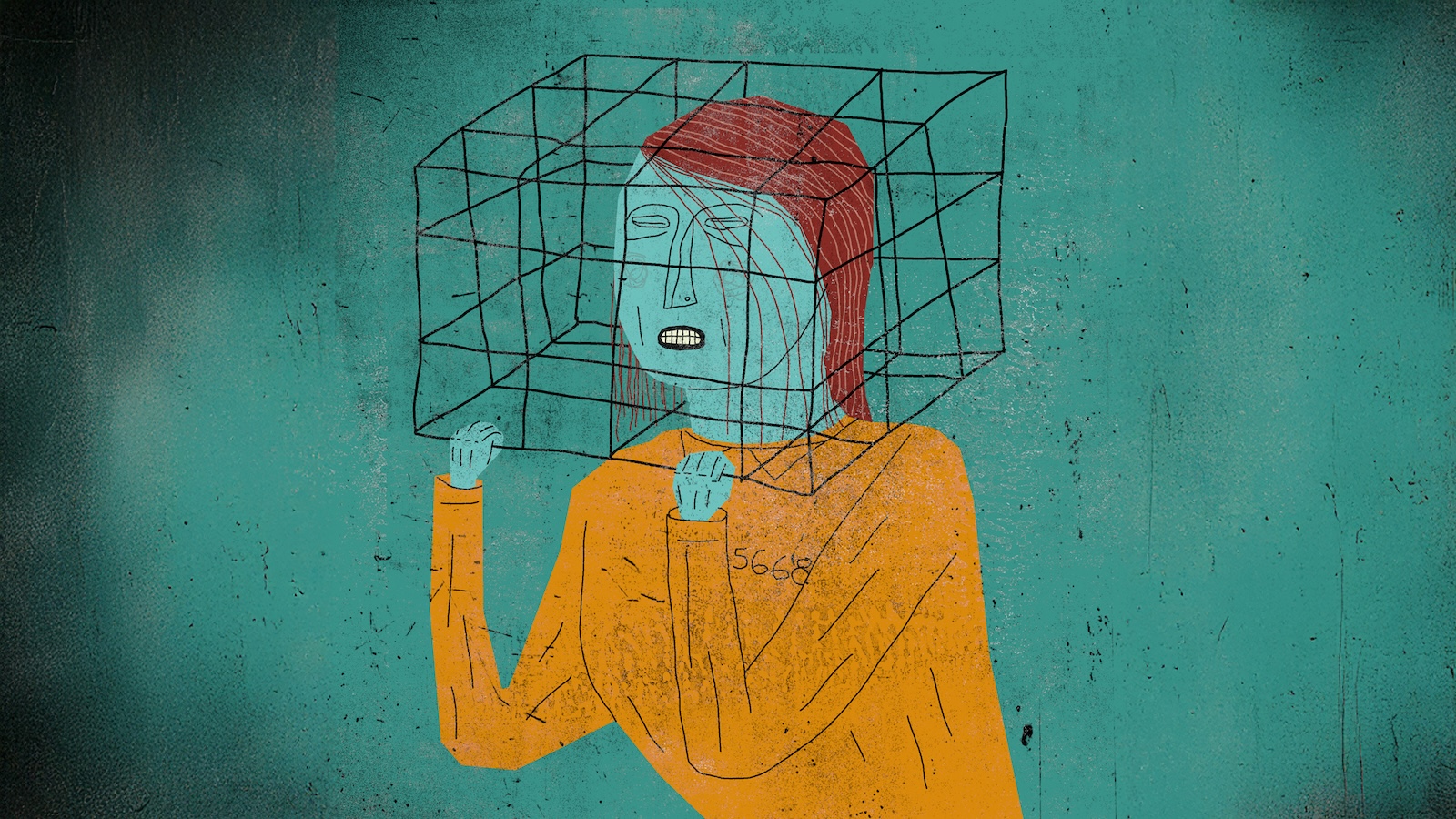 Abstract illustration of an incarcerated woman, wearing a prison uniform and holding onto a metal wire frame that is surrounding her head.