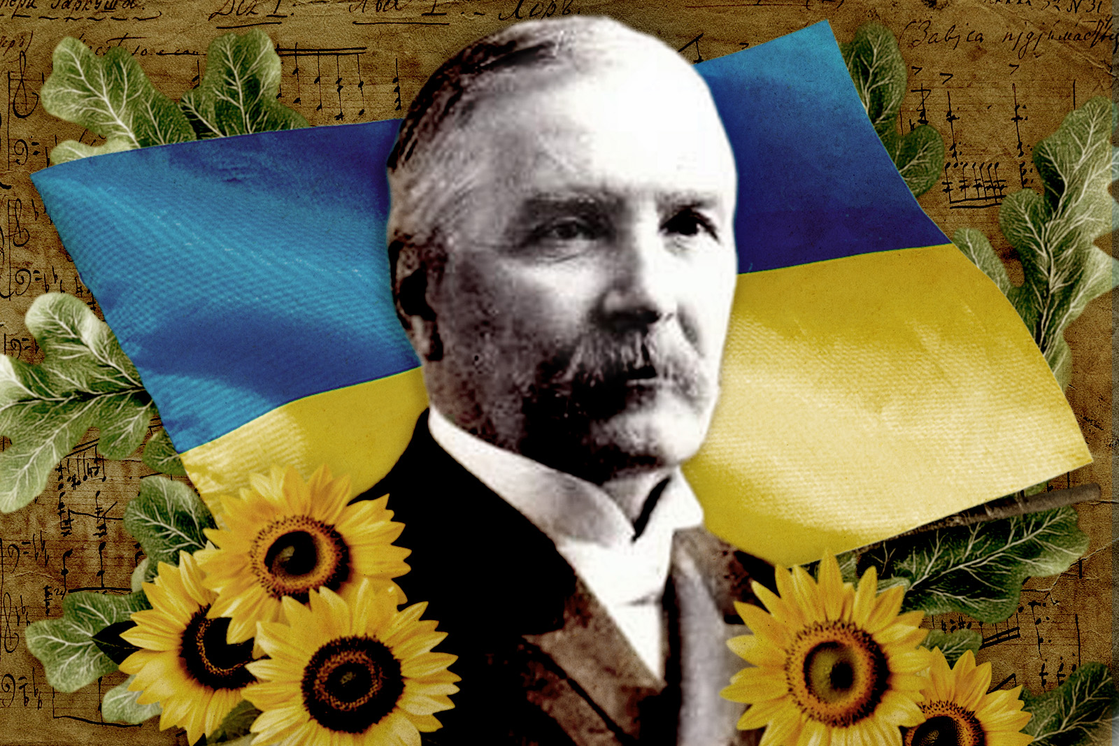 Mykola Lysenko, superimposed over the Ukrainian Flag and the manuscript pages for Harkusha. He is surrounded by sunflowers.