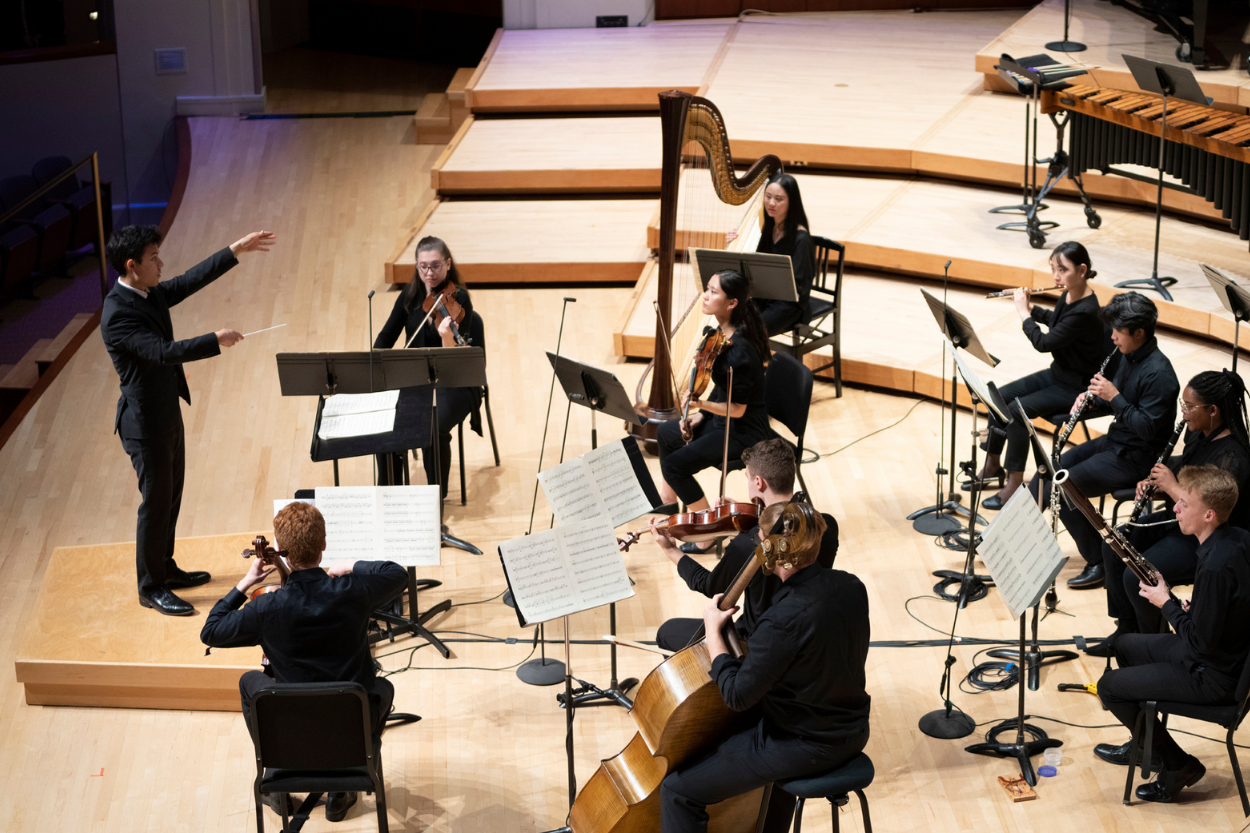Overhead photograph of "New Directions" musicians and performers