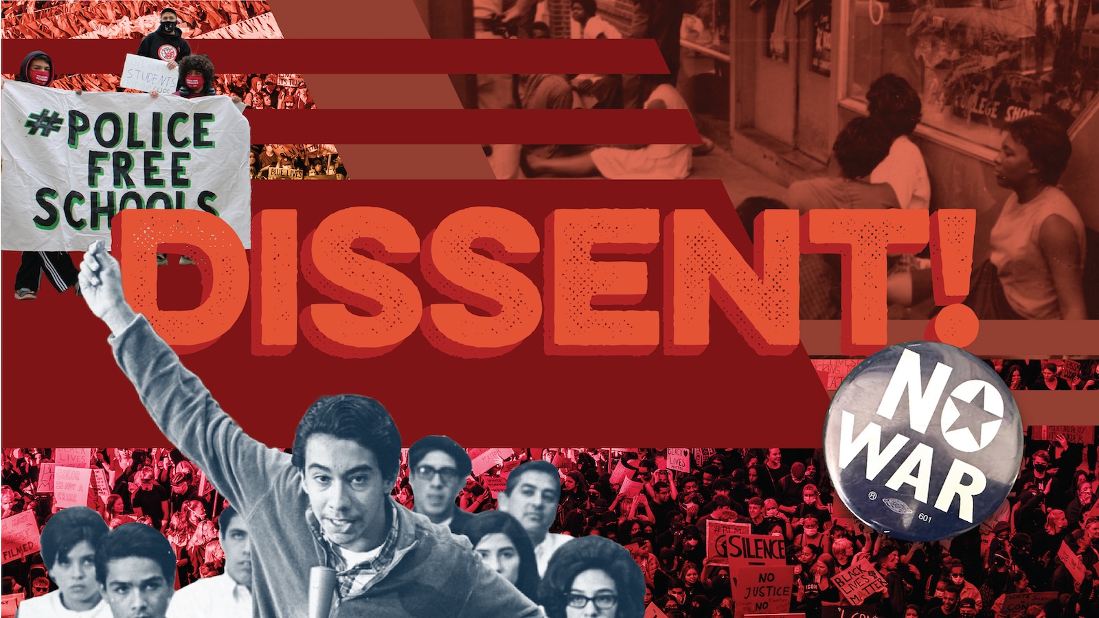A collage of images showing protestors, crowds and a person speaking at a microphone.
