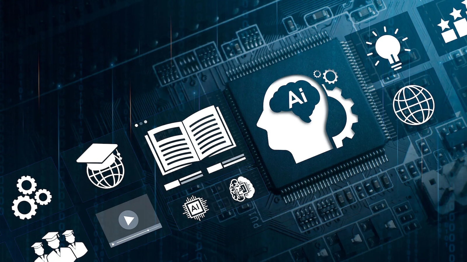 Graphic featuring gears, students with graduation caps, an open book, a profile of a person and a light bulb.