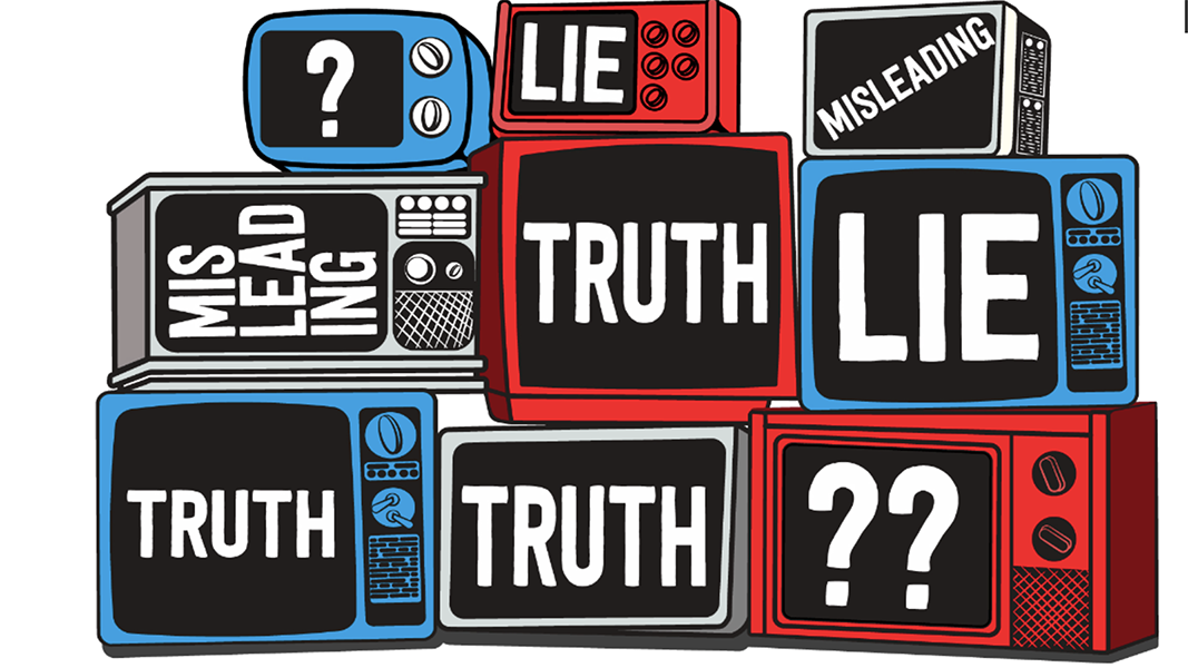 Illustration of nine tv screens showing the words truth, lie, misleading and question marks.