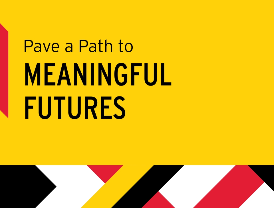 Bold yellow and red graphic with text on the left reading: “Pave a Path to MEANINGFUL FUTURES.” On the right, a photo of graduates in black gowns and red stoles seated in an auditorium, smiling, clapping, and celebrating.of Education, Artificial Intell
