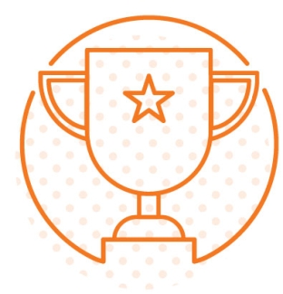 Orange line icon of a trophy with a star on the cup, centered within a circular outline, suggesting achievement and athletics.
