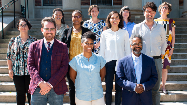 New faculty at UMD's College of Arts and Humanities post on the front steps of Francis Scott Key Hall