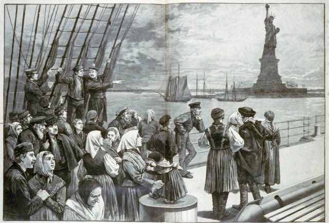 An ocean steamer passing the Statue of Liberty