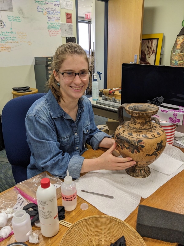 Lylah Messinger restoring and Etruscan vase