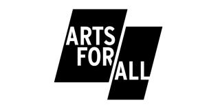 A bold black and white logo displays "ARTS FOR ALL" across two overlapping parallelogram shapes. The modern, geometric design uses sans-serif typography with a dynamic, forward-leaning appearance suggesting movement and accessibility.